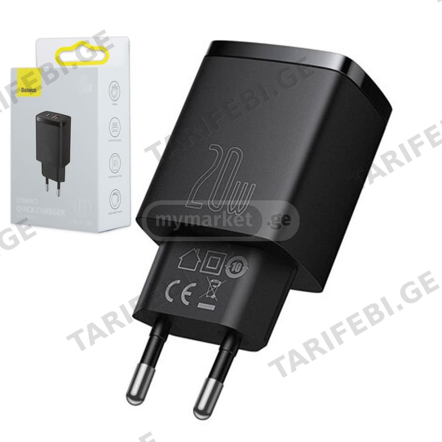 BASEUS დამტენის ადაპტერი USB + Type-C 20W