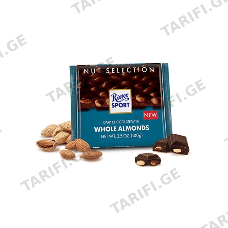 RITTER SPORT შავი შოკოლადის ფილა მთლინი ნუშით-100გ