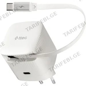 Ttec SmartCharger Gan 65W OD Travel Fast Charger USB-C+Built-in PD 65W USB-C Charging Cable 70cm White 2SCG05B