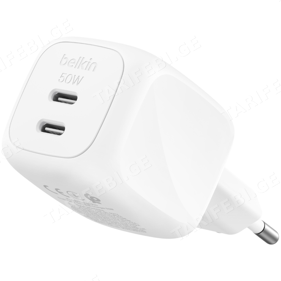 BELKIN 50w Dual USB-C PD wall Charger with PPS, White