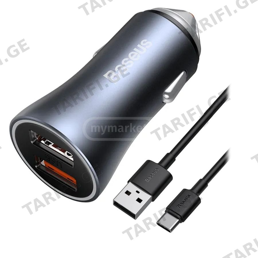 Baseus მანქანის ადაპტერი და კაბელი 2x USB (Type-C + USB) 5A