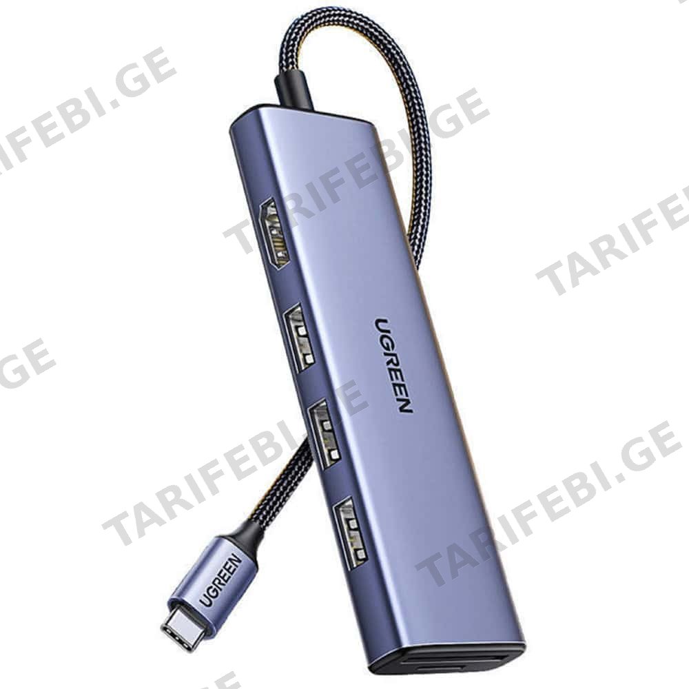 USB-C ჰაბი UGREEN CM511 (20956A), Type-C, USB, HDMI, TF/SD, Hub, Grey