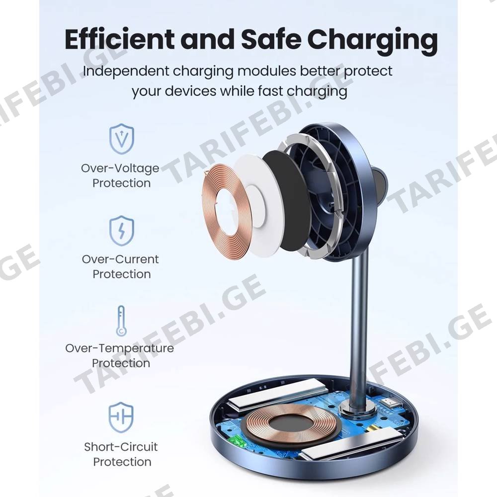 უსადენო დამტენი UGREEN CD317 (90668), 2-in-1 MagSafe Magnetic Wireless Charger, Black/Blue