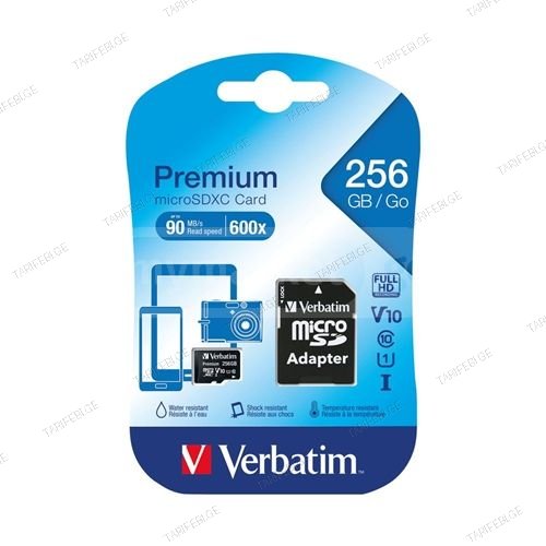 მეხსიერების ბარათი Verbatim 256GB Micro SD Card ადაპტერით