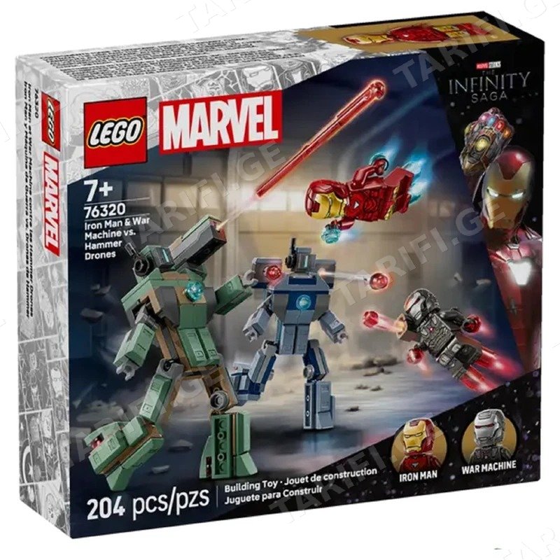 ასაწყობი კონსტრუქცია LEGO MARVEL 76320 IRON MAN & WAR MACHINE VS. HAMMER DRONES 204 ნაწილი