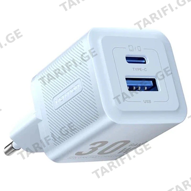 ორპორტიანი დამტენი VENTION FEQL0-EU, 30W, GAN, USB/USB-C, ლურჯი