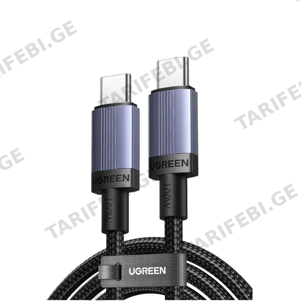 USB კაბელი UGREEN L528 (65832), 100W, Type-C to Type-C Cable, 1m, Grey/Black