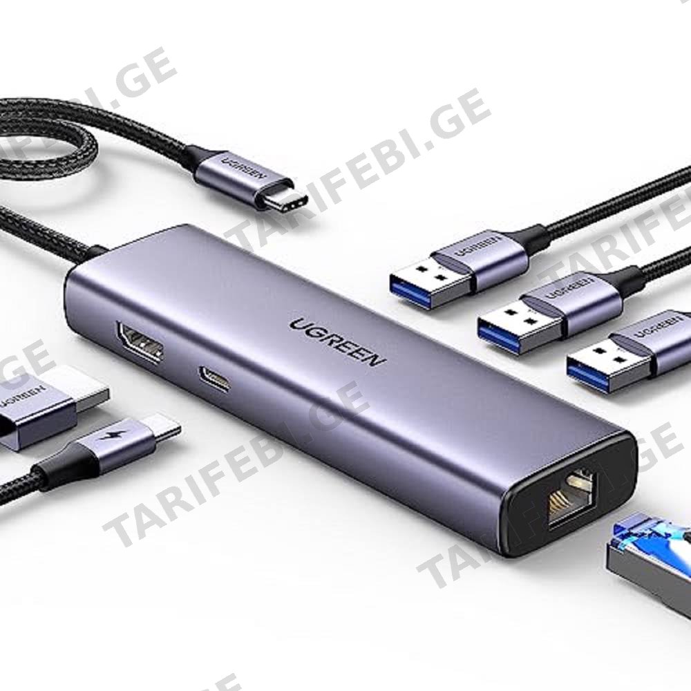 USB-C ჰაბი UGREEN CM512 (15598), Type-C, USB, HDMI, Lan, PD, Hub, Grey