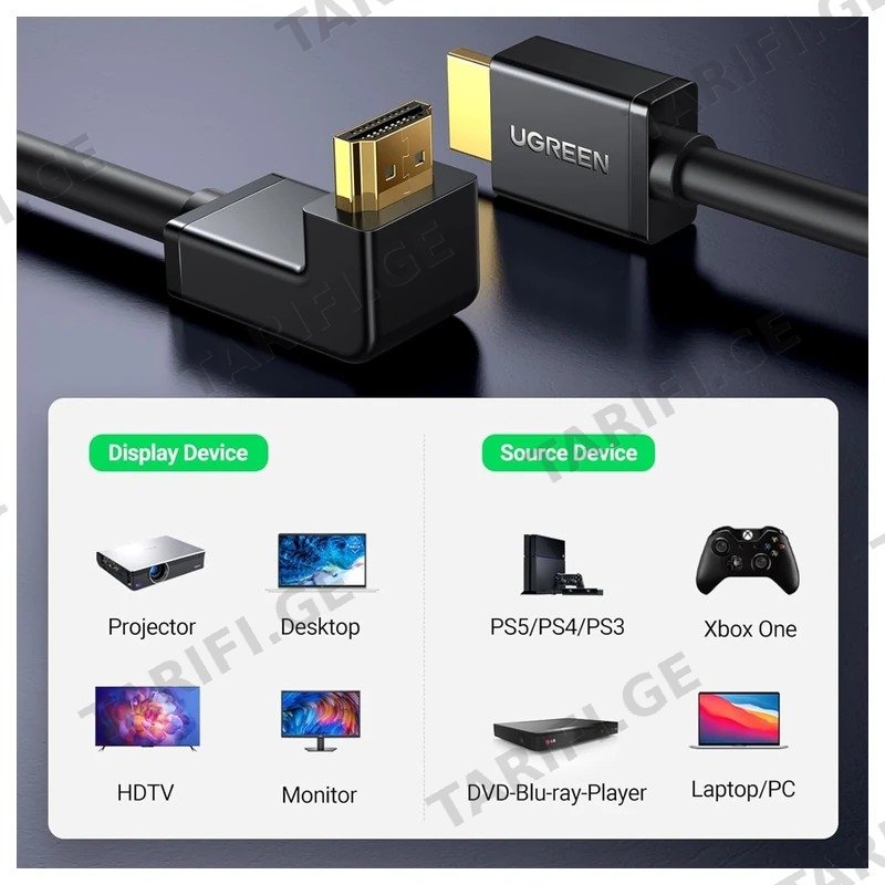 HDMI კაბელი 4K 90 გრადუსიანი UGREEN HD103 (10173) 2მ შავი