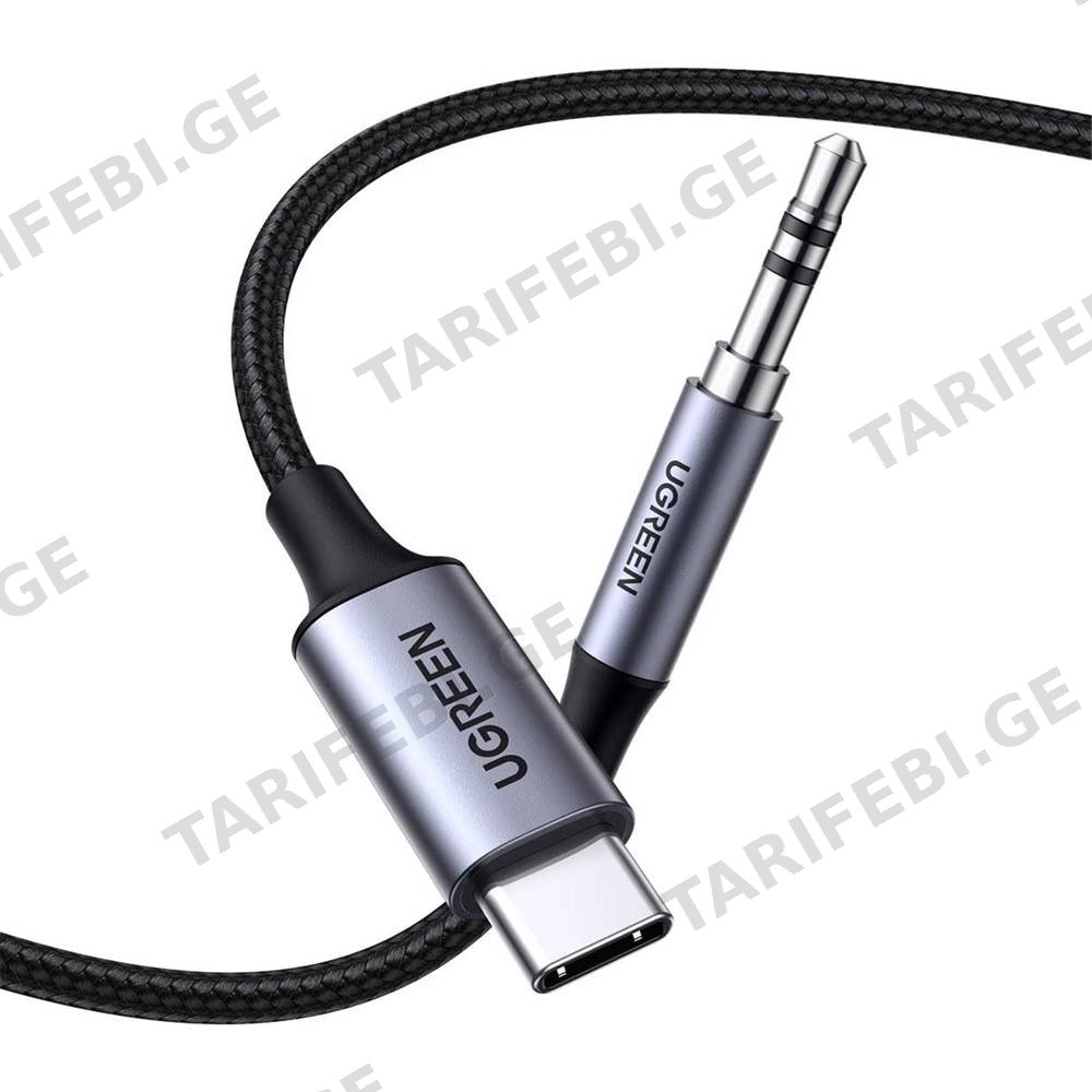 აუდიო ადაპტერი UGREEN CM450 (20192), Type-C Male To 3.5mm Male Audio Cable With Chip, 1m, Black/Grey