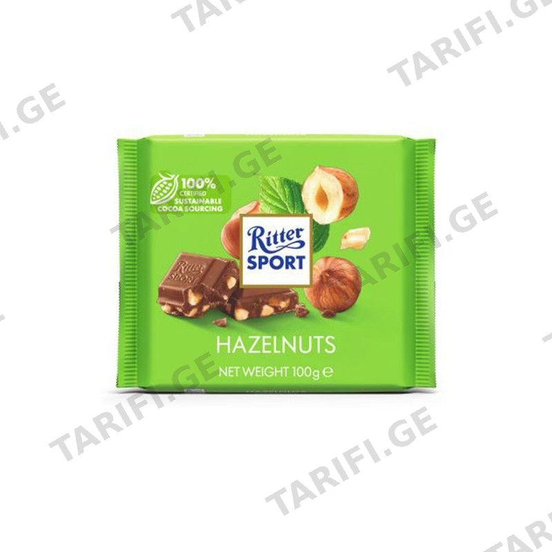 RITTER SPORT შოკოლადი ნატეხი თხილით 100გრ