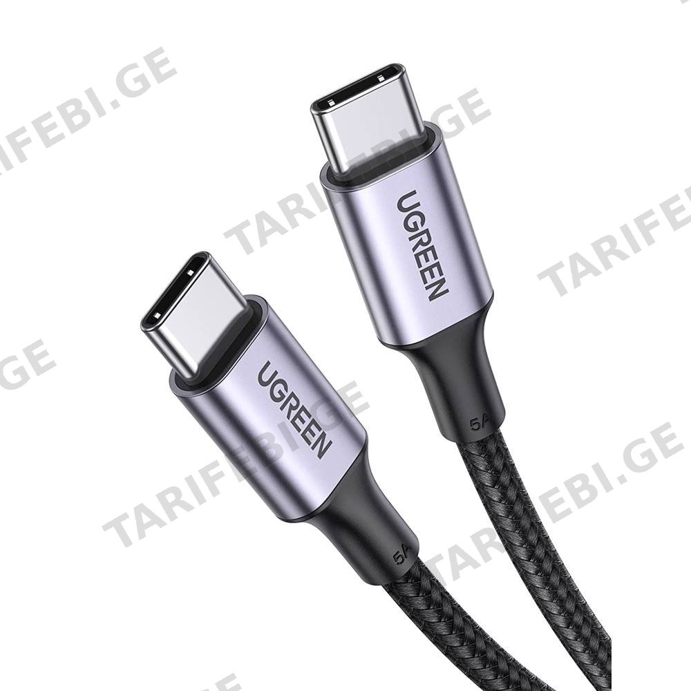 USB კაბელი UGREEN US316 (70427) 100W, Type-C to Type-C Fast Charging Cable, 1m, Black