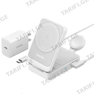 Anker Maggo Wireless Charging Station (15W Foldable 3-in-1) Bundle Cable and Charger Silver