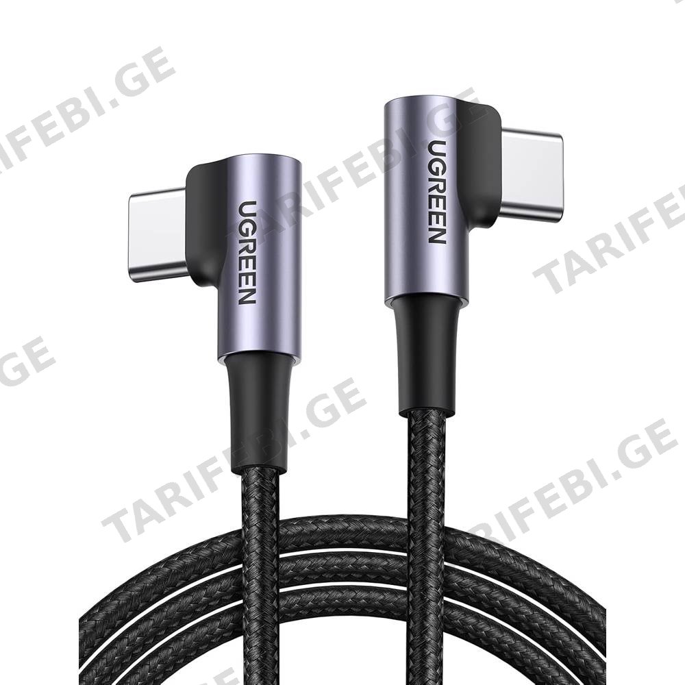 USB კაბელი UGREEN US323 (70529), 60W, Right Angle type-C to type-C Angled, 1m, Black/Grey