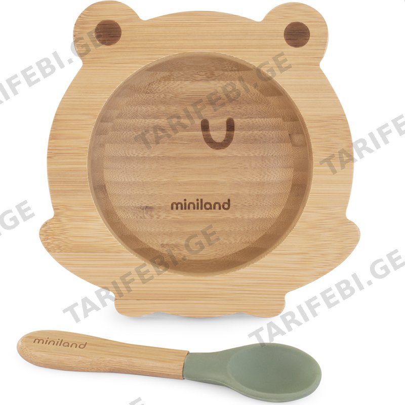 ბამბუკის თეფში კოვზით MINILAND WOODEN BOWL FROG AND SPOON