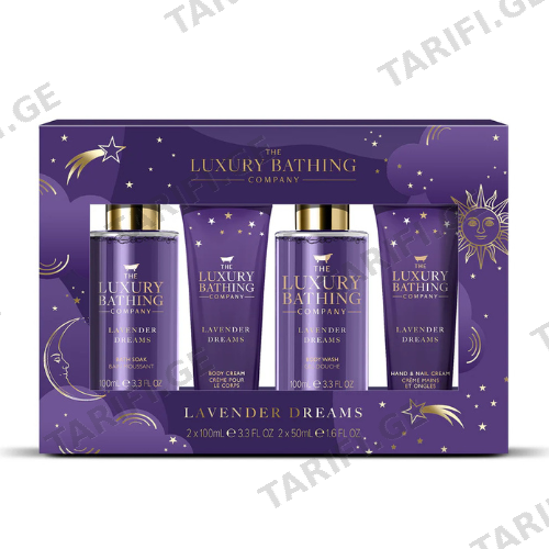 გრეის კოული - სასაჩუქრე ნაკრები Dreamy Delights Lavender შხაპის გელი/ხელის კრემი/ტანის კრემი 6256 Dreamy Delights - 100ml Bath Soak. 100ml Body Wash. 50ml Hand Nail Cream 50ml Body Cream