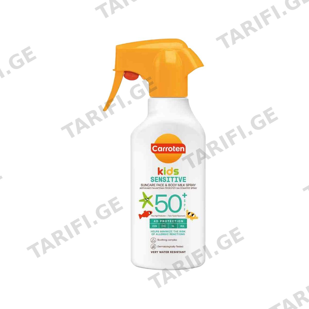 საბავშვო მზისგან დამცავი სახის რძე-სპრეი SPF50+ 270 მლ 0555 კაროტენი - Carroten