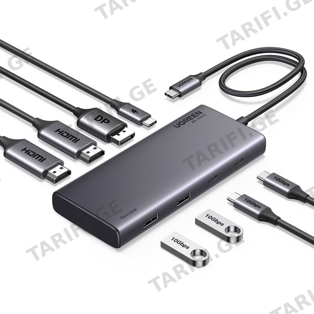 USB-C ჰაბი UGREEN CM639 (35625) Revodok 308, HDMI, DP, Type-C, USB-A, PD, Grey