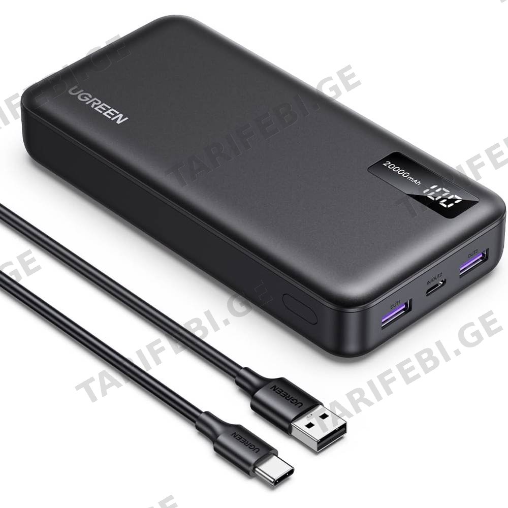 პორტატული დამტენი UGREEN PB312 (25683), 20000mAh 22.5W, Type-C, USB, Two-way Power Bank, Black