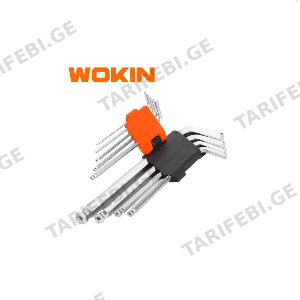 ექვსკუთხა სახრახნისის ნაკრები Wokin 207609, 9Pcs BALL POINT EXTRA-LONG ARM HEX KEY SET, Silver/Black