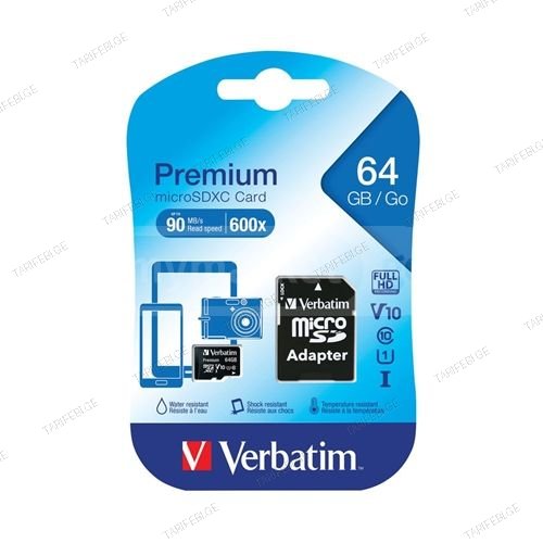მეხსიერების ბარათი Verbatim 64GB Micro SD Card ადაპტერით