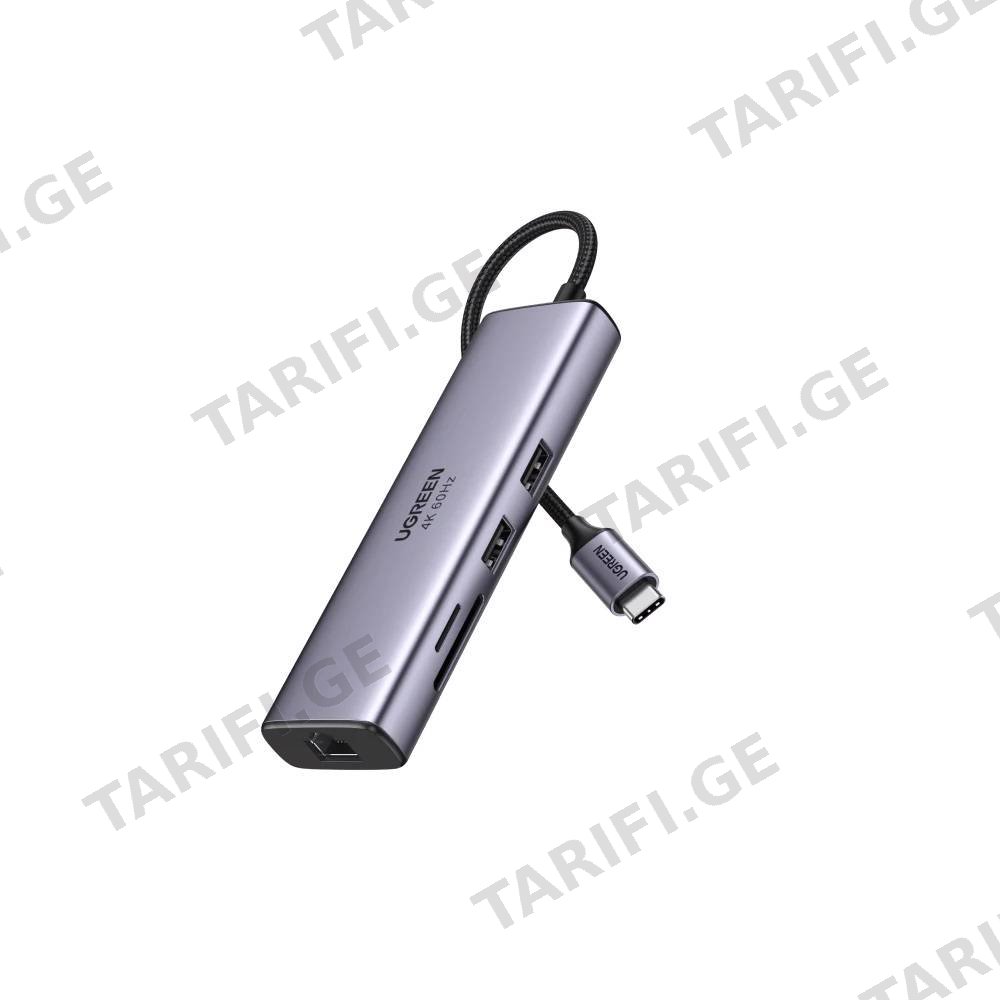 USB-C ჰაბი UGREEN CM512 (60515) USB, Type-C, HDMI, SD/TF, PD 100W, RJ45, Gray