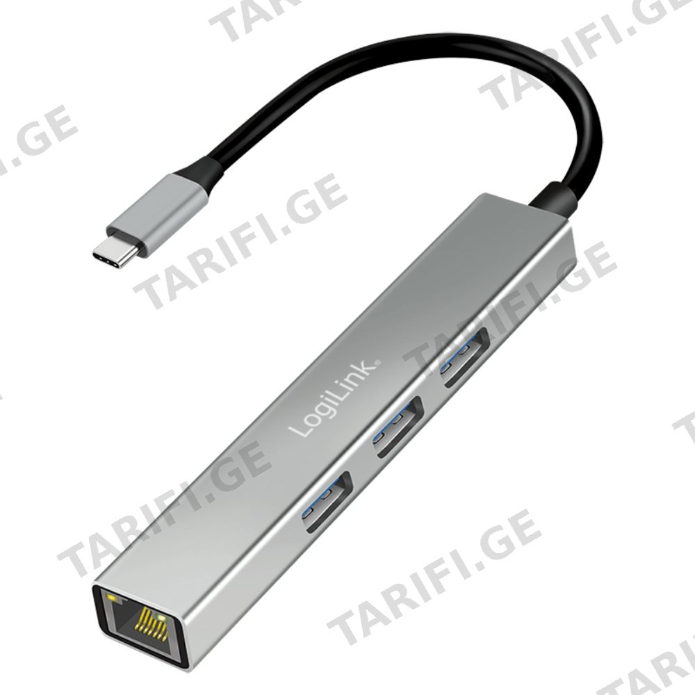 USB ჰაბი Logilink UA0461 USB-C 3-Port Hub Gigabit Adapter 15cm