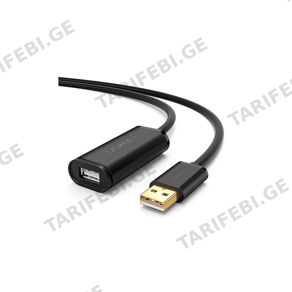 USB დამაგრძლებელი UGREEN US121 (10323) USB 2.0 Active Extension Cable with Chipset 15m (Black)