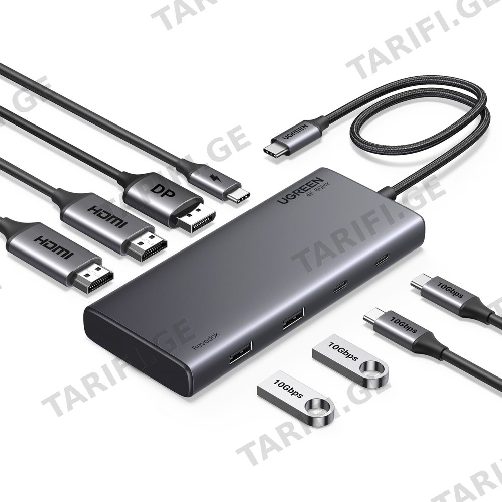 USB-C ჰაბი UGREEN CM639 (35625) Revodok 308, HDMI, DP, Type-C, USB-A, PD, 8 in 1 USB C Docking Station, Grey