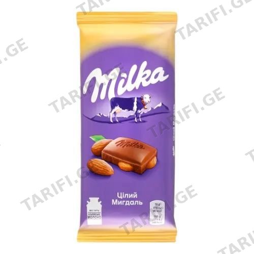 მილკა მთლიანი ნუშით 90გ, შოკოლადის ფილა