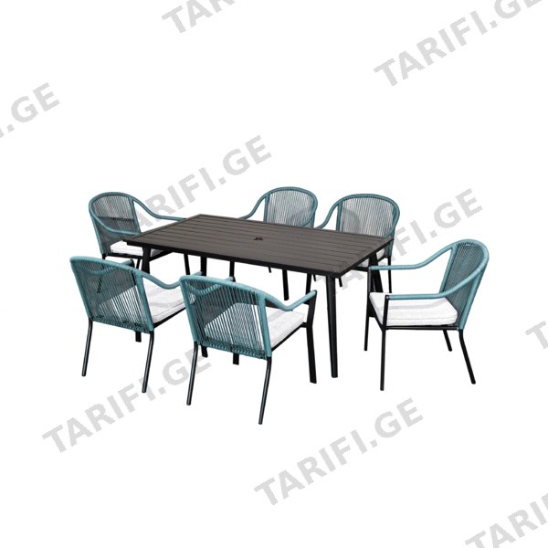 ბაღის ავეჯის კომპლექტი JM-PS-T726A მაგიდა 180X100X74cm 6 სკამი 63X53X86cm Iron