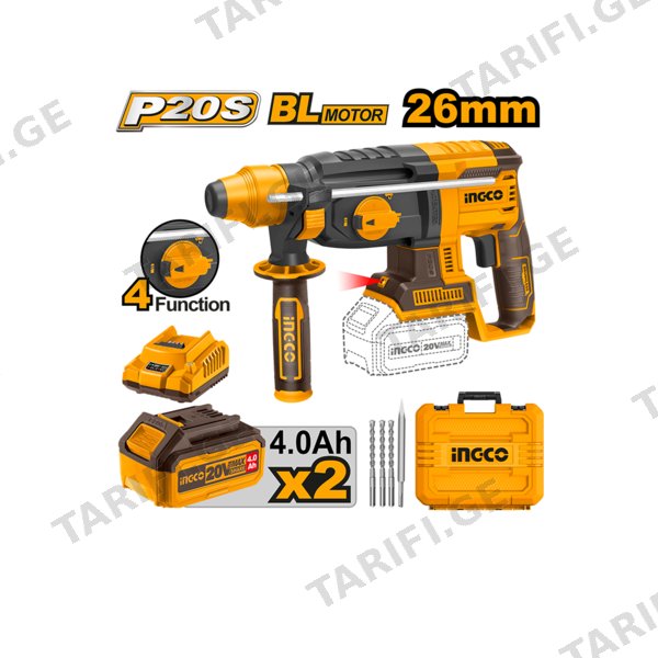 Lithium-Ion ელექტრო პნევმატური ბურღი (პერფორატორი) 20V (კომპლექტი) (CRHLI202287) INGCO