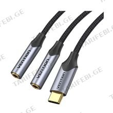 BGNHY USB-C Male to Dual 3.5MM Jack VENTION Earphone Adapter 0.3M Gray Aluminum Alloy Type აუდიო კაბელი