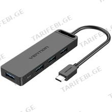 VENTION TGKBB Type-C to 4-Port USB 3.0 Hub with Power Supply Black 0.15M ABS Type USB ჰაბი