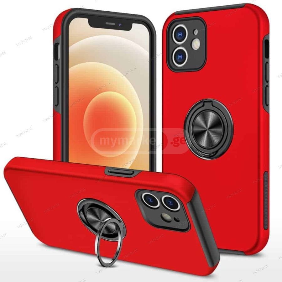 iPhone 12 Elit Ring Case სილიკონის ქეისი ბეჭდით - წითელი