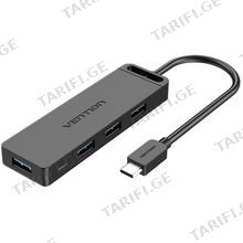 VENTION TGKBB Type-C to 4-Port USB 3.0 Hub with Power Supply Black 0.15M ABS Type USB ჰაბი