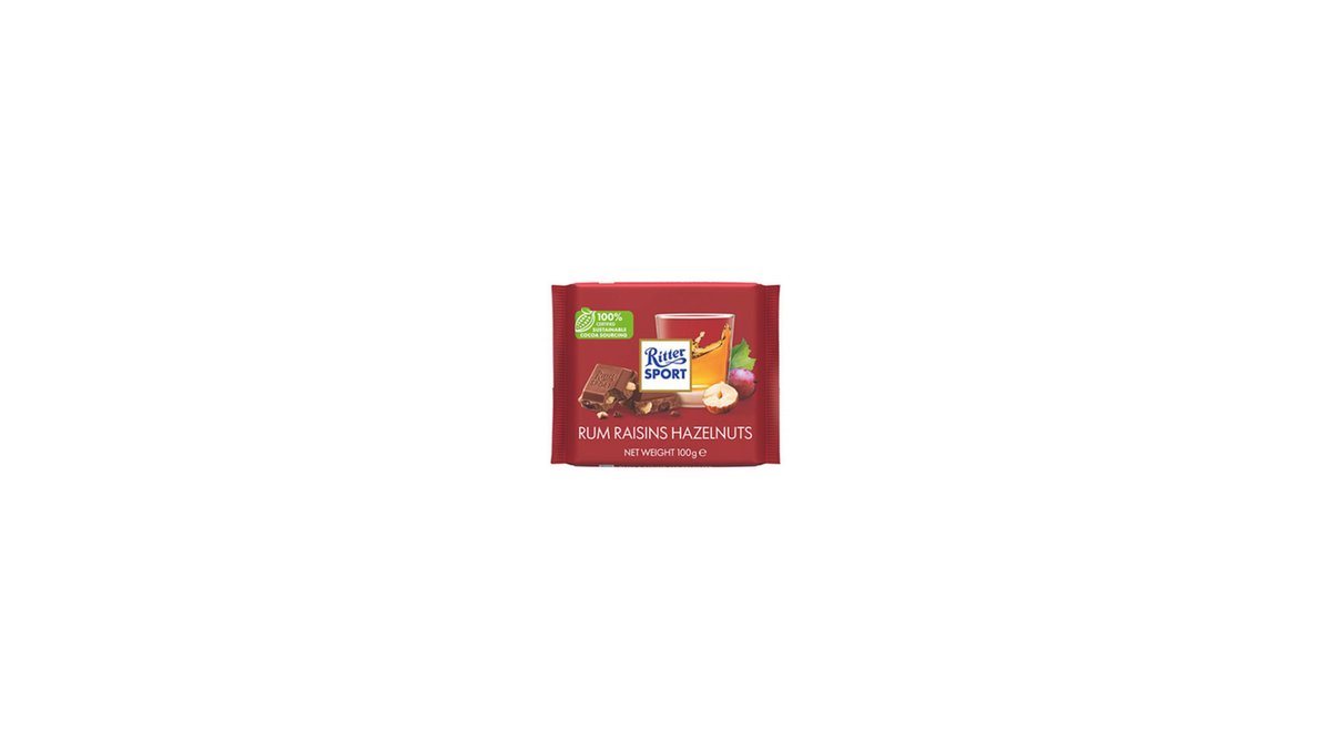 RITTER SPORT შოკოლადის ფილა რომით ქიშმიშით და თხილით 100გრ/4000417012005