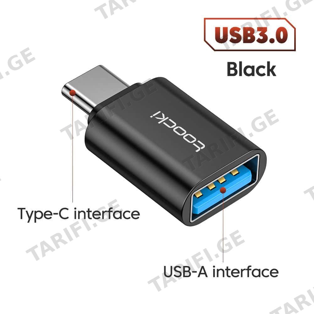 OTG ადაპტერი Toocki OTG USB 3.0 to Type C Adapter Converter, Black, TZJTAC-XY01