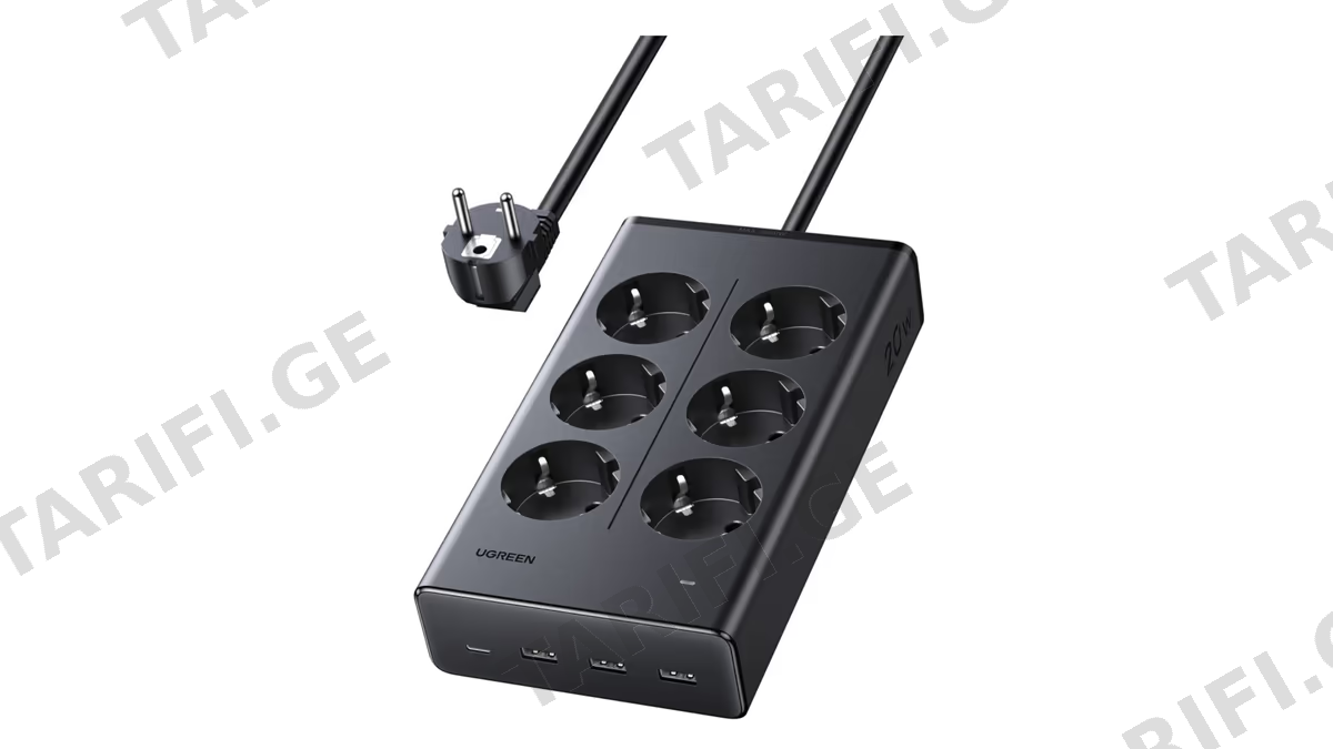 დენის გამანაწილებელი UGREEN S622 (75141), 6 Socket, USB, Type-C, 1.5m, Black