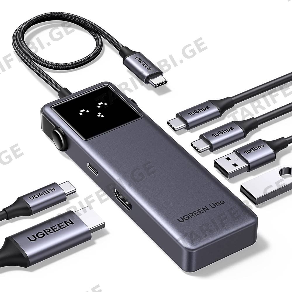 USB-C ჰაბი UGREEN CM888 (35998) Groovy Robot, 6-in-1, HDMI, USB-A, Type-C, HUB, Space Gray