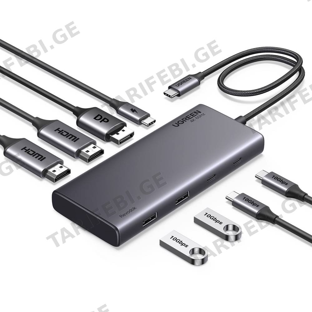 USB-C ჰაბი UGREEN CM639 (35625) Revodok 308, HDMI, DP, Type-C, USB-A, PD, Grey