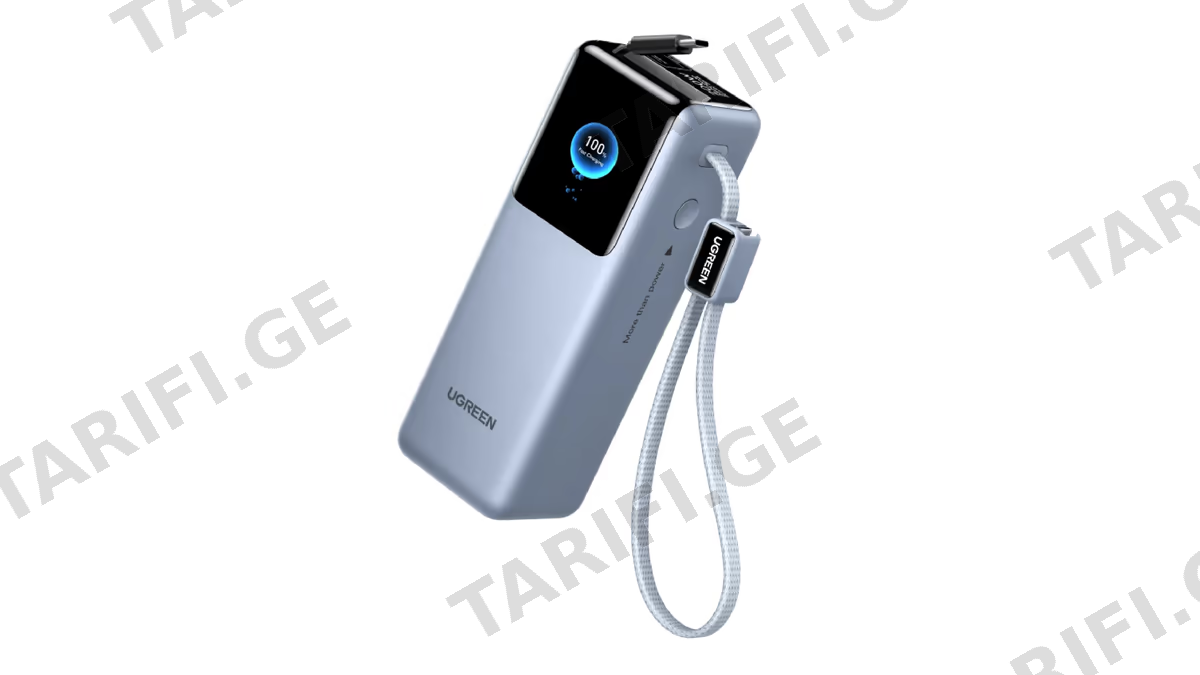 პორტატული დამტენი UGREEN PB728 (75702B) Nexode, 25000mAh, Type-C, USB, Power Bank With Retractable Cable, Grey