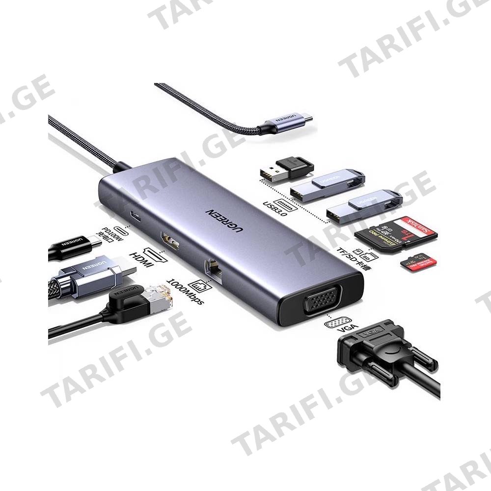 USB-C ჰაბი UGREEN CM498 (15600), Type-C, USB, HDMI, VGA, RJ45, SD, TF, Hub, Gray
