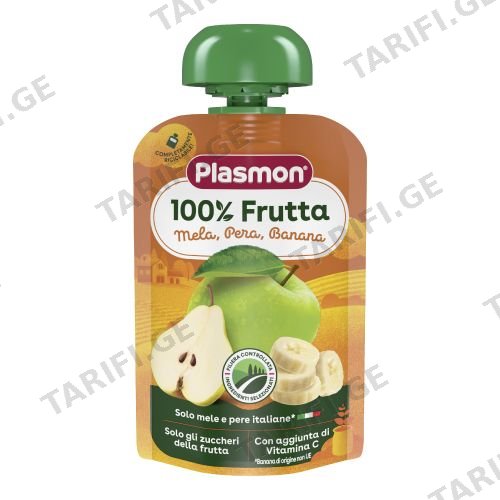 Plasmon - პიურე პაუჩი - ვაშლი, ბანანი და მსხალი - 100 გ