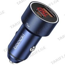 Toocki Dual USB Car Charger 75W, 1x USB-C, 1x USB-A, LED display, TCCAC-HY03 Blue მანქანის USB დამტენი