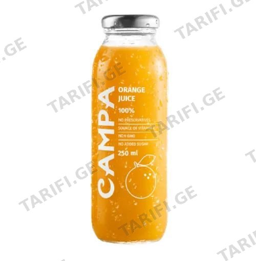 წვენი ფორთოხლის 100% 0.25ლ შუშა კამპა