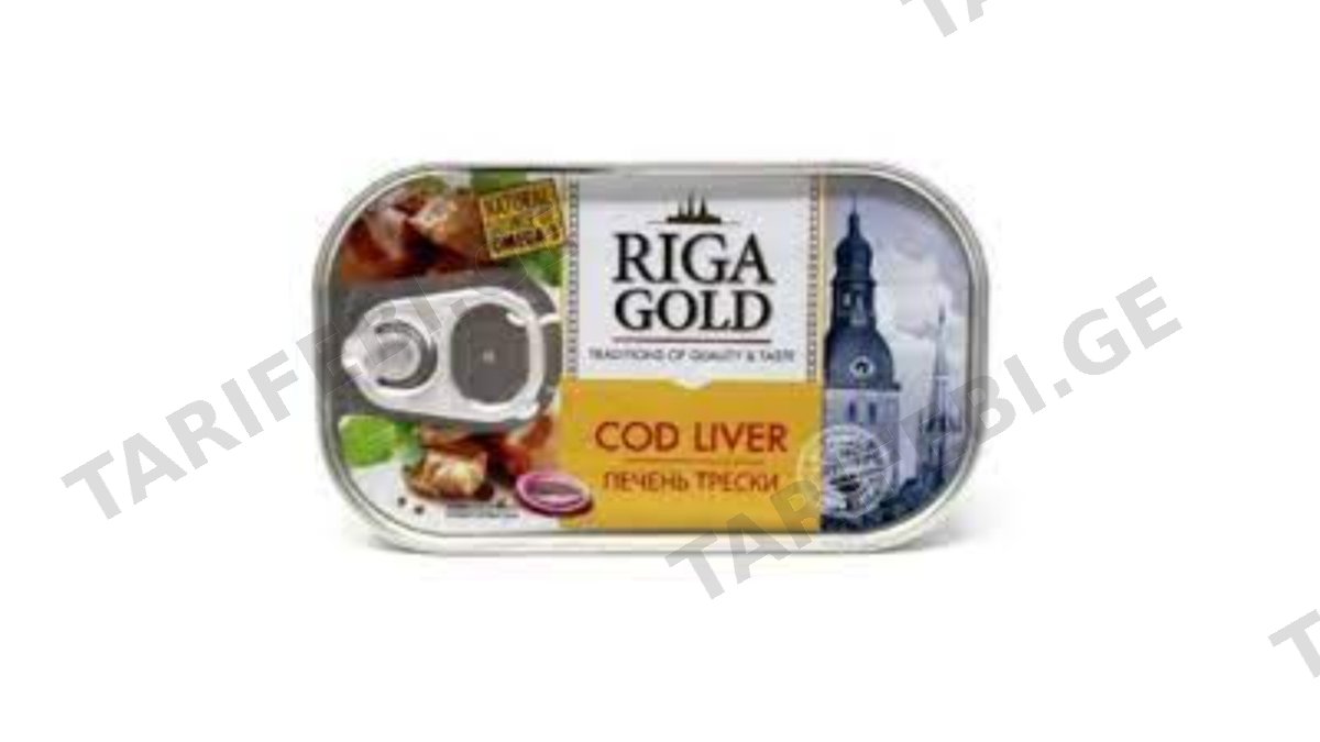 "Gama"- თევზის კონსერვი "Riga Gold" ნორვეგიის ზღვის ვირთევზის ღვიძლი თავის ზეთში 121 გრ