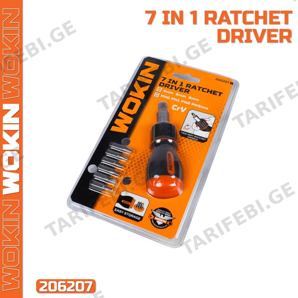 სახრახნისი სათადარიგო პირებით Wokin 206207, 7 in 1 Ratchet Driver, Black