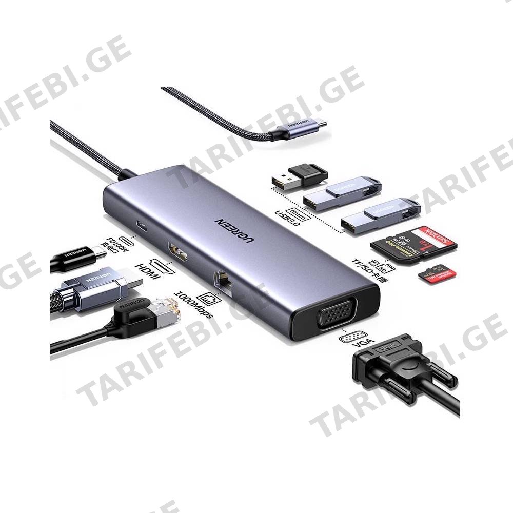 USB-C ჰაბი UGREEN CM498 (15600), Type-C, USB, HDMI, VGA, RJ45, SD, TF, Hub, Gray