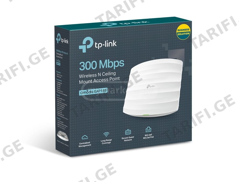 TP-Link EAP115 300Mbps Wireless N Ceiling Mount Access Pointბრენდი: TP-Linkმოდელი/PN: EAP115ტიპი: უსადენო როუტერიკონსტრუქციის ტიპი: ჭერის ან კედლისუსადენო სტანდარტები: IEEE 802.11b/g/nმონაცემთა უსადენ